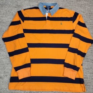 Polo Ralph Lauren Boys XL Long Sleeve Denim Collar Orange Navy Stripe Preppy